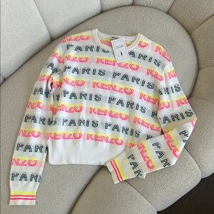 Kenzo White Crewneck Sweater with Neon Pink and Yellow Logo Stripes